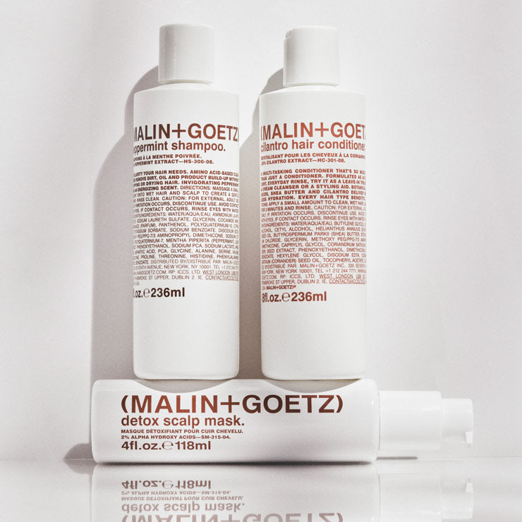 Malin+Goetz Cilantro Hair Conditioner, peppermint shampoo, detox scalp mask