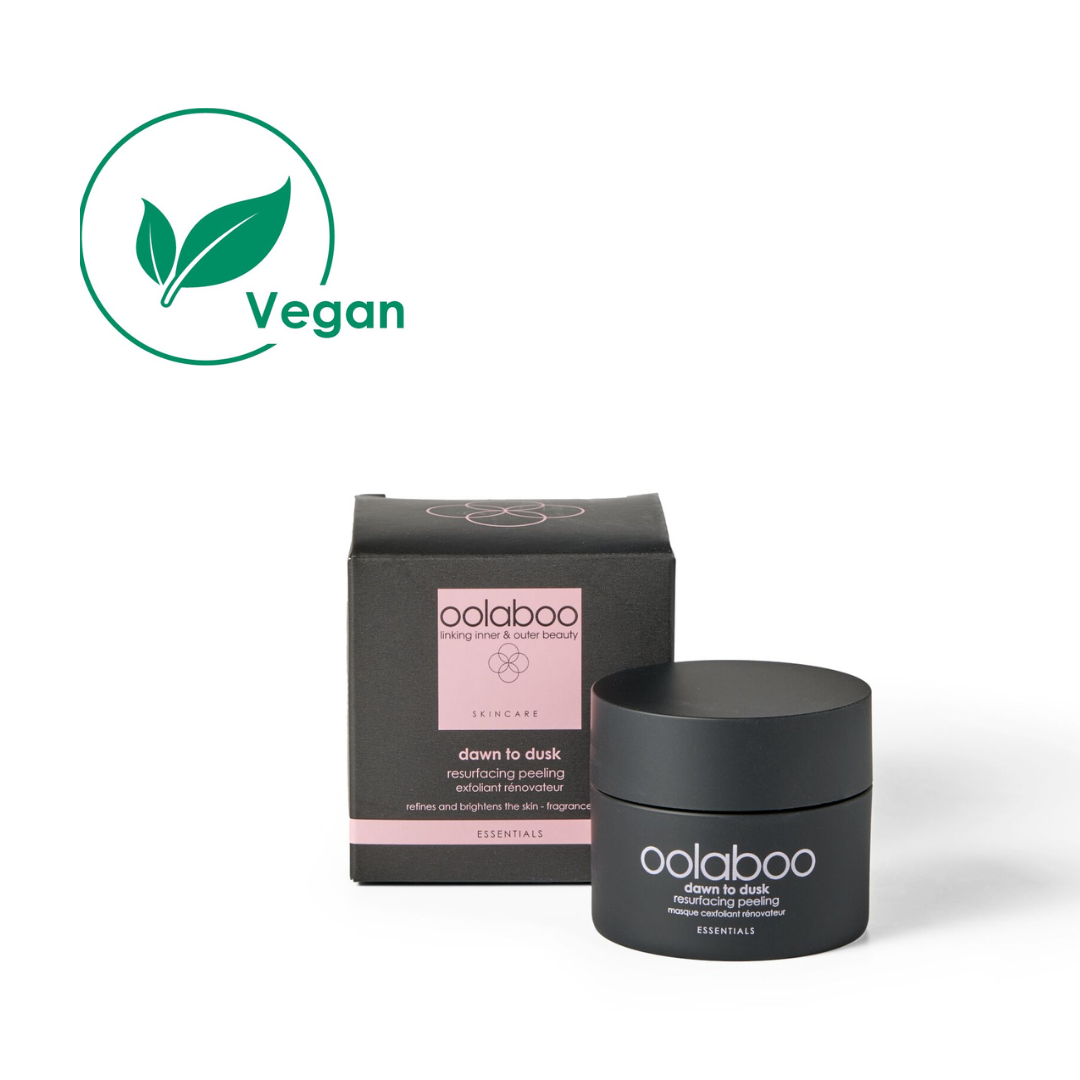 Oolaboo Dawn to Dusk Resurfacing Peeling vasetto 50 ml con scatola e logo vegan