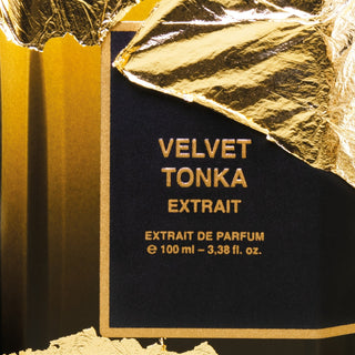 BDK Parfums Velvet Tonka Extrait flacon etiket close-up met bladgoud
