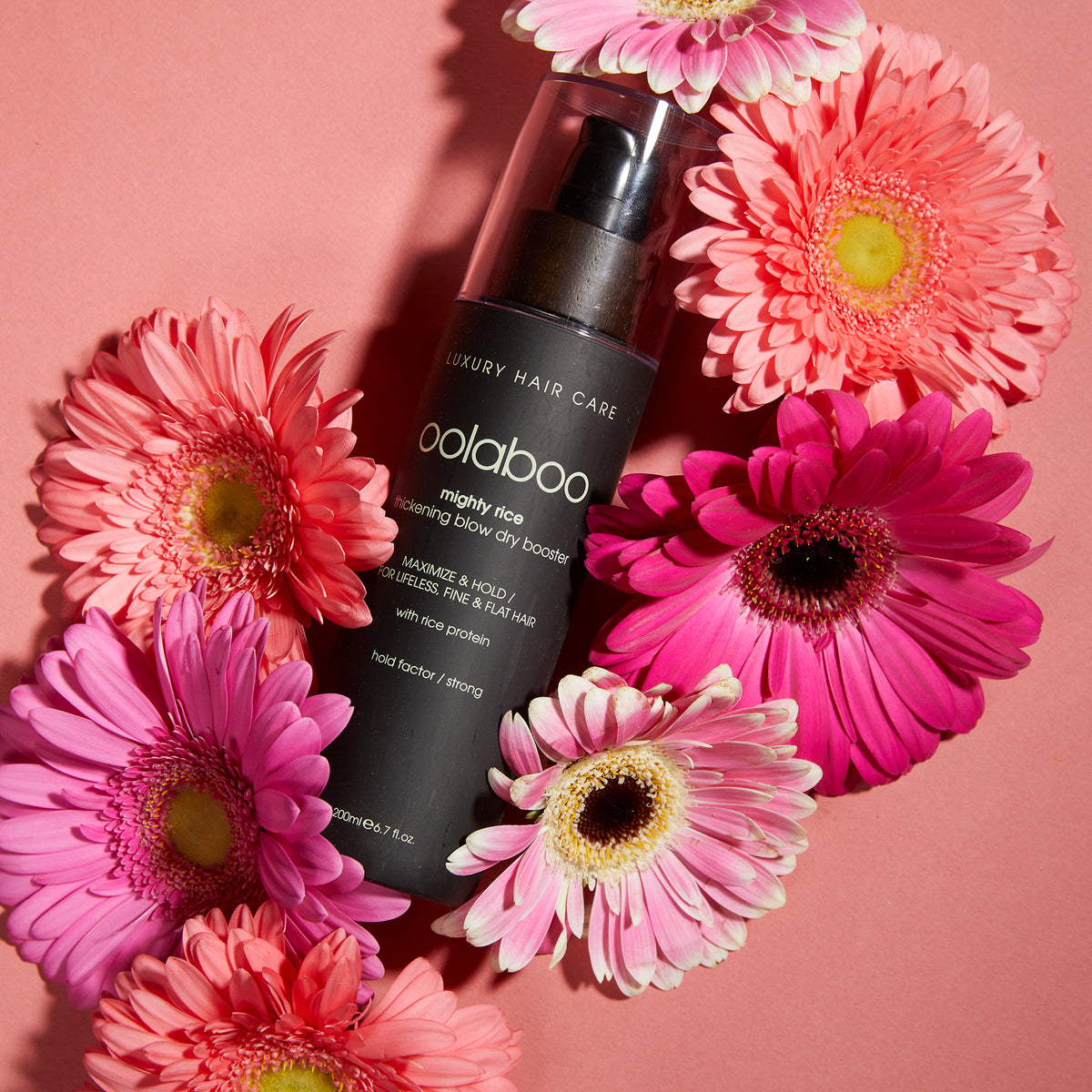 Oolaboo Mighty Rice Blow Dry Booster tussen gerbera's
